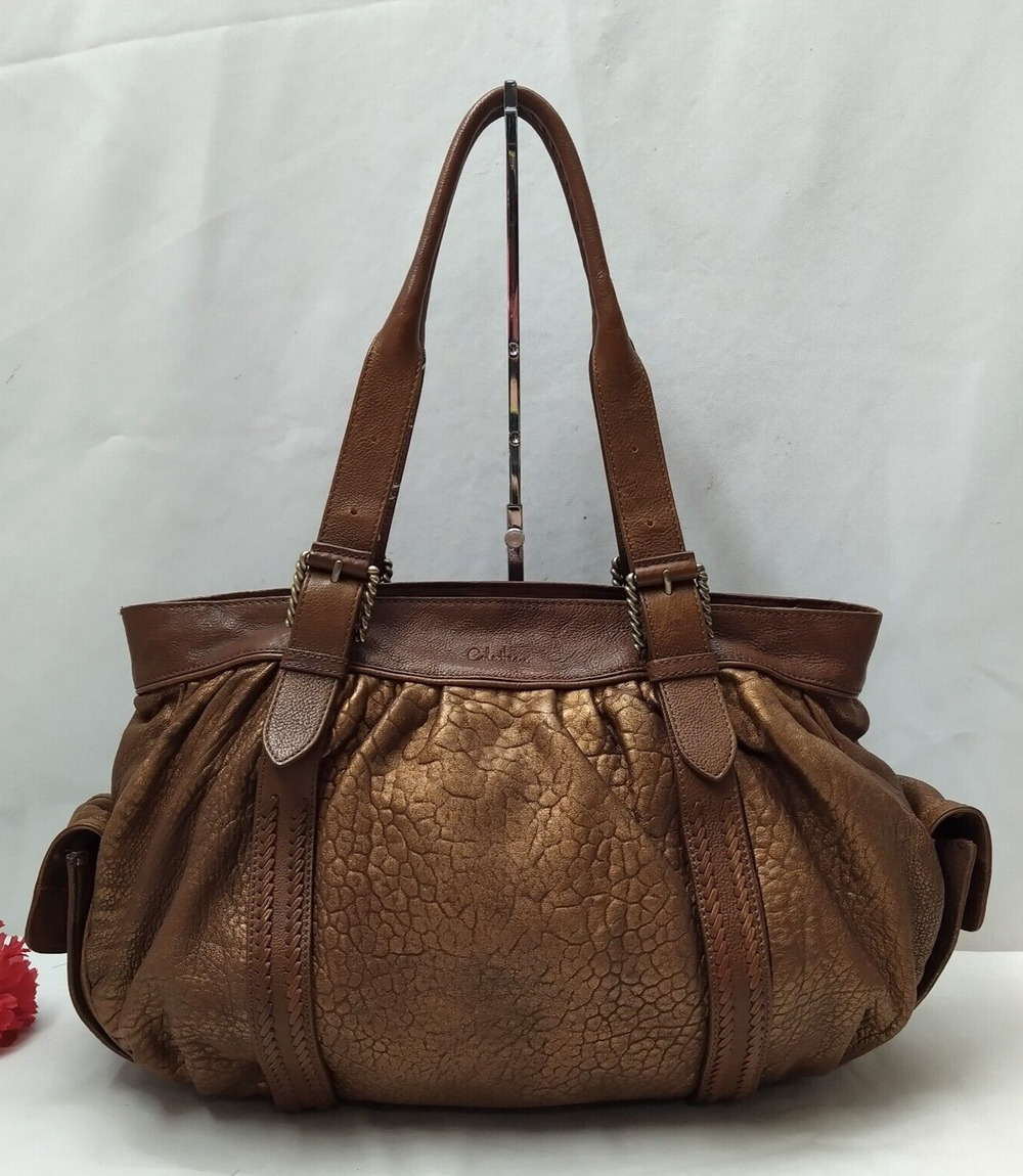 Cole Haan Metallic Brown Leather Double Handles Zippper Satchel Shoulder Bag